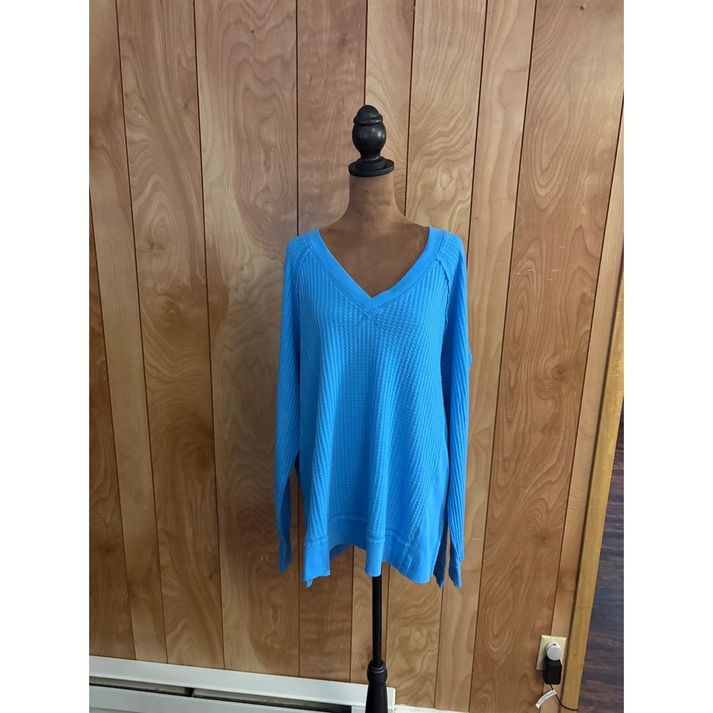 Time and Tru Women Turquoise Blue Waffle Knit V-Neck Pullover Top XXL 20 NWT